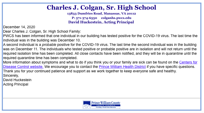 Colgan letter COVID-19 outbreak